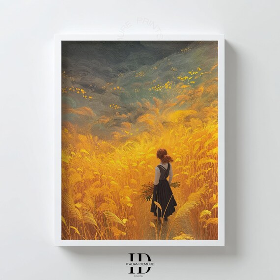 黄金の麦畑のウォールアート、草原の少女のプリント、素朴な収穫風景の