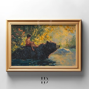 Pintura de un oso y un niño en una aventura en la jungla – Arte mural de vida salvaje caprichoso – Escena de un río en un bosque dorado – Descarga digital inspirada en la naturaleza – Dibujos animados