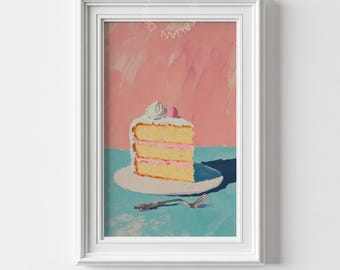 Arte mural con pasteles pastel – Pintura de postres extravagantes – Impresión de cocina de panadería vintage – Arte imprimible retro rosa y azul – Decoración para amantes de la comida dulce