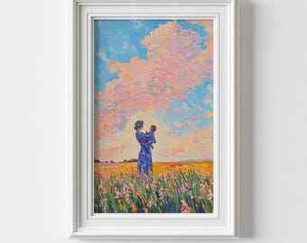 Arte de pared romántico de madre e hijo: impresión digital impresionista, pintura de cielo al atardecer, campo floral, decoración del hogar imprimible, regalo para mamá