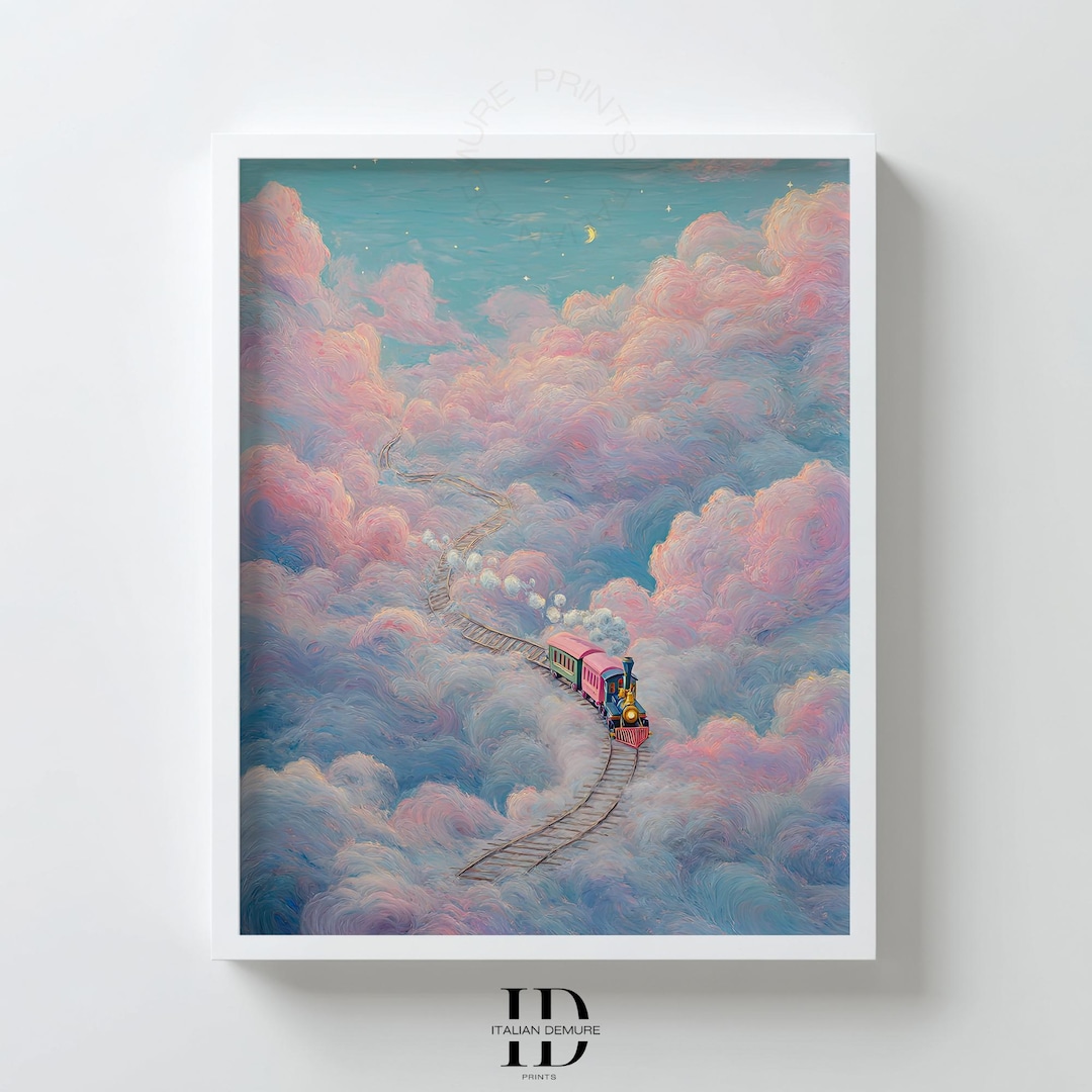 Surreal Cloud Train Wall Art, Dreamy Pink and Blue Sky Print, Fantasy ...