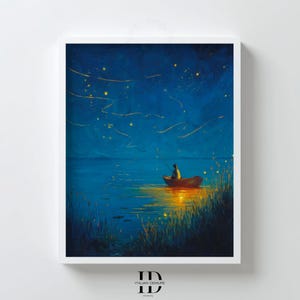 Sternennacht Angeln Wandkunst, Blauer See Landschaftsdruck, Magisches Nachthimmel Poster, Boot Gemälde Download für Schlafzimmer Dekor