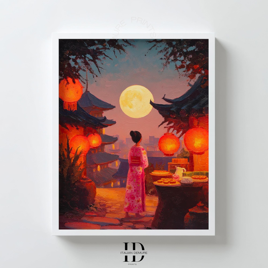Mid Autumn Festival Wall Art, Asian Lantern Night Print, Moon