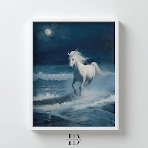 Décoration murale Cheval blanc, Impression sur plage au clair de lune, Cheval sauvage courant à travers les vagues, Scène nocturne mystique, Téléchargement d&#39;affiche numérique équine