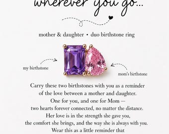 Könnte beinhalten: Ein goldener Ring mit einem rechteckigen violetten Edelstein und einem birnenförmigen rosa Edelstein auf einer weißen Karte. Die Karte enthält den Text wherever you go, mother & daughter duo birthstone ring, my birthstone, mom's birthstone und ein Gedicht.