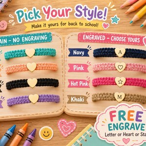 May include: A collection of woven bracelets featuring heart-shaped charms. The left side displays plain bracelets in turquoise, peach, black, and purple. The right side shows engraved bracelets in navy, pink, hot pink, and khaki with letter, heart, and star icons.