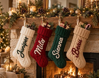 Könnte beinhalten: Vier Weihnachtsstrümpfe aus Zopfstrick hängen in einer Reihe. Der erste ist cremefarben mit dem Namen Juniper in Grün, der zweite ist rot mit dem Namen Milo in Creme, der dritte ist grün mit dem Namen Sienna in Creme und der vierte ist beige mit dem Namen Beau in Rot.