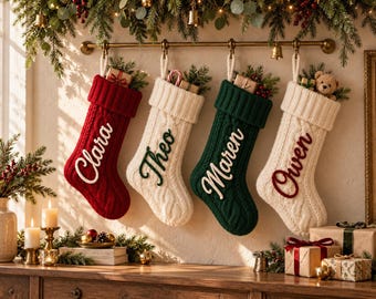 Könnte beinhalten: Vier Weihnachtsstrümpfe aus Zopfstrick, die an einer Metallstange hängen. Die Strümpfe sind rot, weiß, dunkelgrün und weiß und tragen die gestickten Namen Clara, Theo, Maren und Owen. Jeder Strumpf enthält kleine Geschenke und Tannengrün.