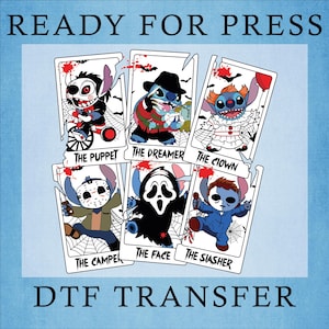May include: A DTF transfer sheet featuring six playing cards with Stitch dressed as horror movie characters. The cards are labeled The Puppet, The Dreamer, The Clown, The Camper, The Face, and The Slasher, with blood splatters and spiderwebs.