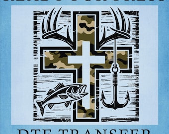 Camo Cross Fishing DTF Transfer: Antlers, Bass, Hook Graphic