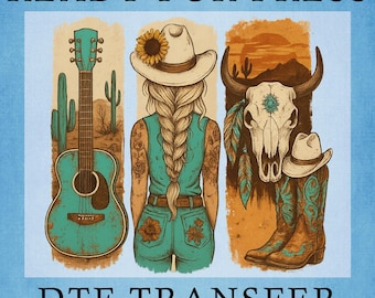 Cowgirl Western DTF Transfer: Cowboy Boots, Turquoise Ready To Press