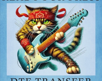 Rock Cat Guitarist DTF Heat Transfer: Funny Rocker Gift