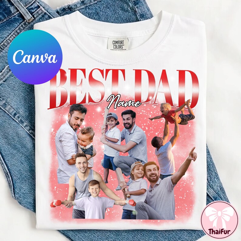Peut inclure: T-shirt blanc avec l'inscription "BEST DAD" en rouge et un espace pour un nom. Le t-shirt pr&eacute;sente un collage de photos de p&egrave;res et d'enfants. Le t-shirt est en coton Comfort Colors.