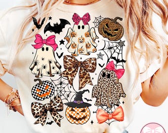 Coquette Leopard Pumpkin Ghost PNG, Retro Halloween Girly Ghost Sublimation, Retro Checkered Ghosts Pumpkin Cherries PNG, Cute Spooky Fall