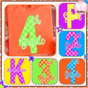 Checkered Neon Back to School PNG Bundle, Coquette Kindergarten Pre-K 1st 2nd 3rd 4th Grade Png, Hand Drawn, Girly Pink Bow Png, Colorful