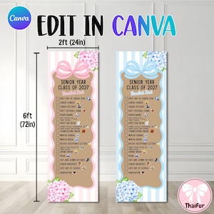 May include: Two vertical banners measuring 2ft by 6ft, featuring a 'Senior Year Class of 2027 Bucket List' with checkboxes and icons. One banner has pink stripes and hydrangea accents, the other has blue stripes and blue hydrangea accents.