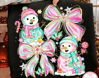Pink Glitter Coquette Snowman Christmas PNG, Preppy Girly Holiday Png, Colorful Brushstroke Xmas Design, Trendy Christmas Png
