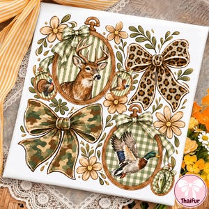 May include: A square white sign featuring illustrations of a deer, a duck, a turkey, and a fish inside oval frames. The design includes large bows with leopard print and camouflage patterns, green gingham ribbons, and light brown flowers on a white background.