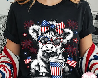 USA Cow PNG, Highland Cow 4th of July Design, American Flag Cowgirl Bow Shirt PNG, Patriotic Animal Png