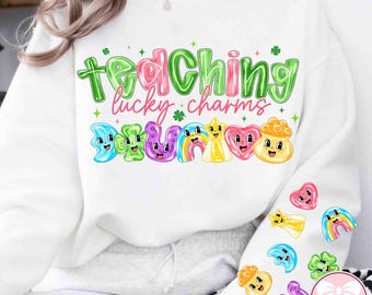 Brushstroke Teaching Lucky Charms PNG, Teacher St Patrick’s Day Shirt Design, Coquette Lucky PNG, Green Teacher Sublimation