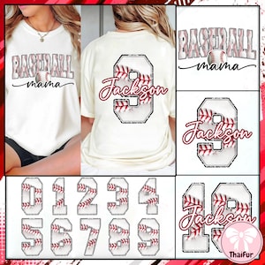 May include: Cream baseball t-shirt with "Baseball Mama" text and a baseball graphic. The back of the shirt features a baseball-themed number 9 with the name "Jackson". Other baseball-themed numbers are also shown.