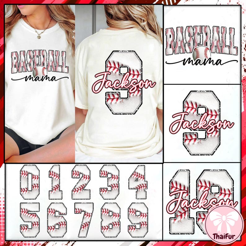 May include: Cream baseball t-shirt with "Baseball Mama" text and a baseball graphic. The back of the shirt features a baseball-themed number 9 with the name "Jackson". Other baseball-themed numbers are also shown.