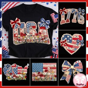 May include: Black t-shirt with "USA" applique in red, white, and blue patchwork, adorned with floral embroidery and bows. Additional items include "1776" applique, a heart, a map of the USA, a flag, and a bow, all in patriotic designs.