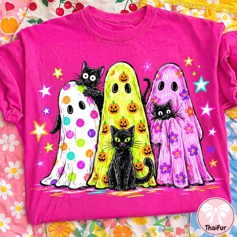 Pu&ograve; includere: Una t-shirt rosa acceso con una grafica raffigurante tre fantasmi e tre gatti neri. I fantasmi sono decorati con pois colorati, zucche arancioni e fiori viola. Il design &egrave; arricchito da varie stelle colorate su uno sfondo rosa.