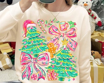 Floral Preppy Christmas Tree Bow Png, Merry & Bright Png, Floral Coquette, Preppy Christmas Png, Pink Blue Christmas Png, Merry Christmas