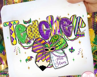 Custom Mardi Gras Teacher PNG, Coquette Krewe Pencil Png, Fleur De Lis Png, Mardi Gras Holiday Mask, Louisiana Festival PNG, Digital File