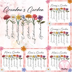 May include: A digital illustration of a floral garden with the names Jackson, Berrice, Calantha, Edama, Cidela, Fidelma, and Glenda written vertically along the stems of the flowers. The text at the top of the image reads "Grandma's Garden".