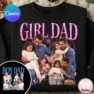Pode incluir: Camisola preta com uma foto de família e o texto "GIRL DAD" em rosa, com um design de raio. A camisola também apresenta o texto "Est 2026". Uma imagem menor mostra "BOY DAD" com uma foto de família.