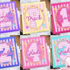May include: A collection of six rectangular signs featuring school grade levels. Each sign has a striped background, a central circular frame with a scalloped edge, and a large gingham-patterned number or letter with the text Kindergarten, Pre-k, 1st Grade, 2nd Grade, 3rd Grade, or 4th Grade.