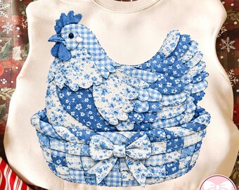 Faux Yarn Blue Toile Chicken Hen PNG, Patchwork Duck PNG, Chinoiserie Farm Design, 90s Quilt PNG, Trendy Grandma Chicken Sublimation