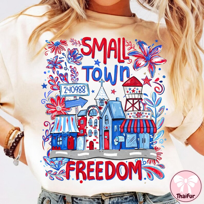 May include: Cream-colored t-shirt featuring a colorful graphic design. The design includes the words "SMALL TOWN FREEDOM" in red, along with illustrations of buildings, flowers, and a water tower in red, white, and blue. The zip code 240988 is also included.