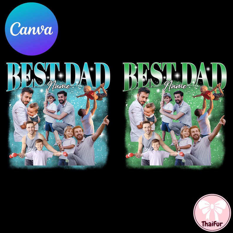 Peut inclure: Un design de t-shirt personnalis&eacute; avec le texte "BEST DAD" dans une police d&eacute;grad&eacute;e. Le design comprend des photos de famille et un espace pour un nom. Le fond est de couleur vert et bleu sarcelle.