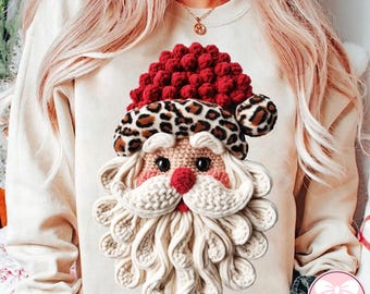 Trendy Pink Yarn Crochet Santa PNG, Retro Leopard Print Hat Png, Faux Yarn Christmas Png, Girly Holiday Design, Santa Claus Digital Download