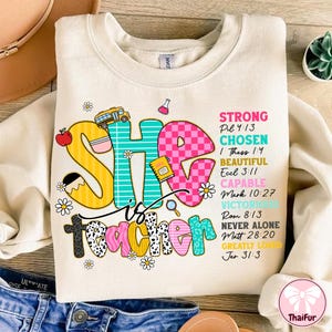 She is Teacher Png, Teach Love Inspire Png, Christian Teacher Png, Bible Verses Png, Teacher Floral Mothers Day Gift, Teacher Pencil Bow Png