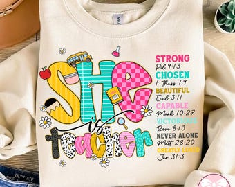 She is Teacher Png, Teach Love Inspire Png, Christian Teacher Png, Bible Verses Png, Teacher Floral Mothers Day Gift, Teacher Pencil Bow Png