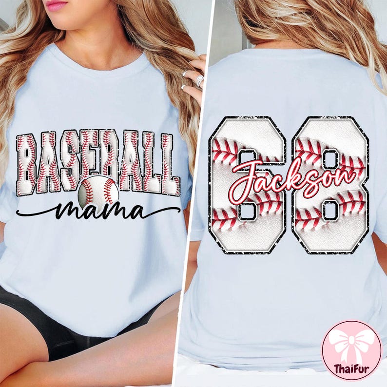 May include: Pale blue t-shirt featuring the text "BASEBALL mama" and a baseball graphic. The back displays the name "Jackson" and the number "68" in a baseball design. A baseball-themed shirt.