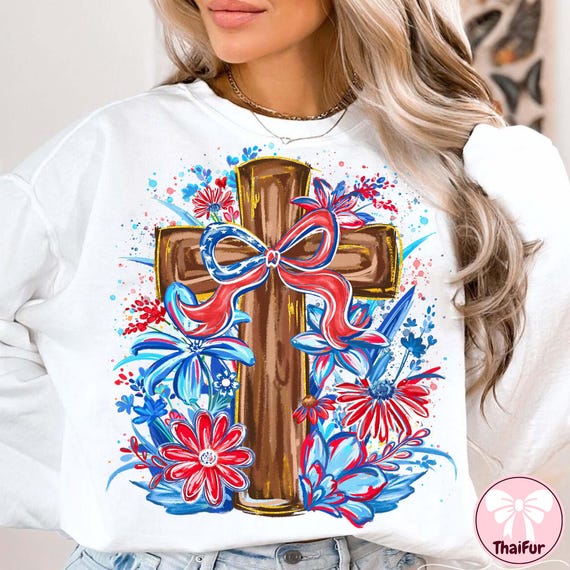 Floral Cross Faith 4th of July Png, Coquette USA Png, Patriotic Png, Retro 4th Of July Png, Girly USA Png, Independence Day