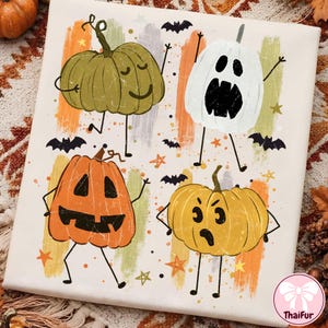 May include: A white canvas print featuring four anthropomorphic pumpkins with stick limbs. The design includes a green, white, orange, and yellow pumpkin with various facial expressions, surrounded by small black bats and orange stars on brushstroke backgrounds.