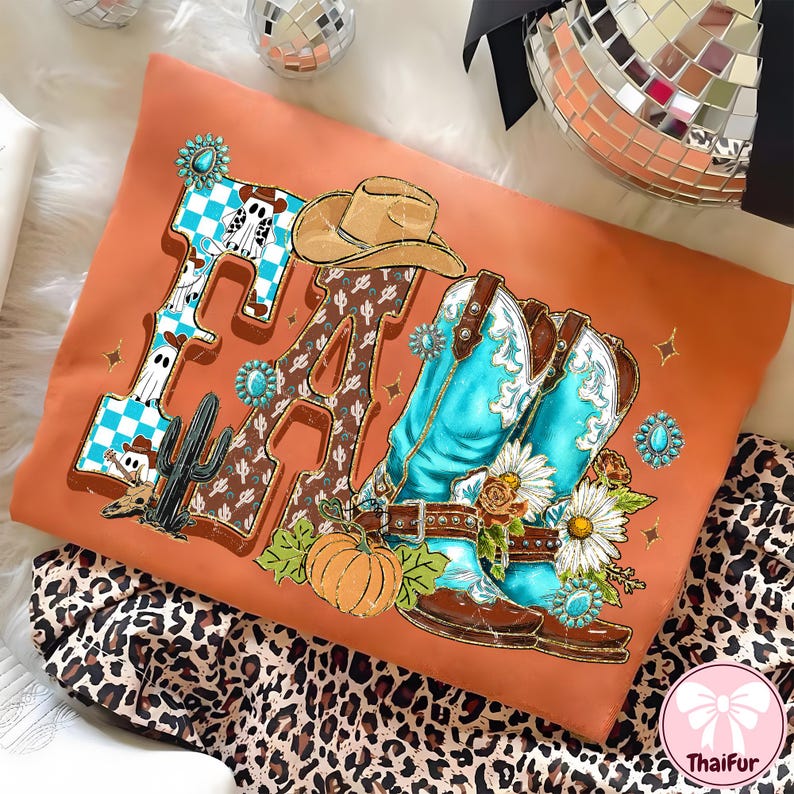 May include: An orange sweatshirt with a western-themed design. The design includes the word "FAIR" with a checkered pattern, cowboy boots, a cowboy hat, a cactus, and a pumpkin. The boots are turquoise and brown.