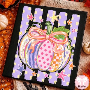 May include: A square canvas print featuring a central pumpkin decorated with pink polka dots, orange checkered patterns, and floral motifs. A large peach-colored bow sits atop the pumpkin, surrounded by colorful stars against a purple striped background.