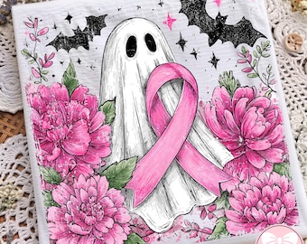 Halloween Ghost Pink Ribbon PNG, Breast Cancer Awareness Design, Boho Pumpkin Fall PNG, Spooky Season Shirt Graphic,  Digital File