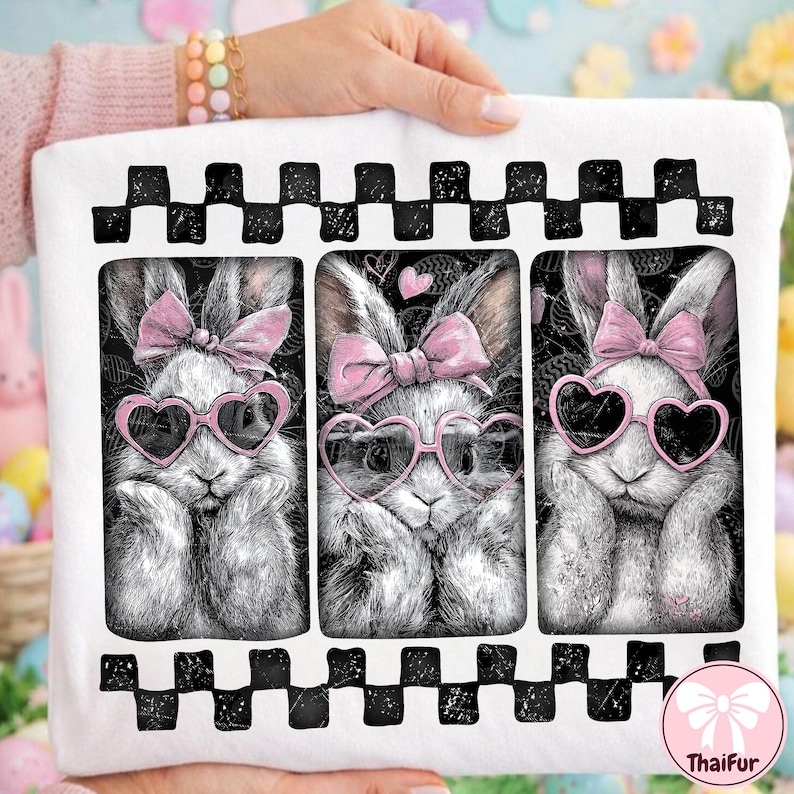 May include: White square pillow with three bunny portraits. Each bunny wears pink heart-shaped sunglasses and a pink bow. The top and bottom edges have a black and white checkered pattern. The pillow is held by a person.