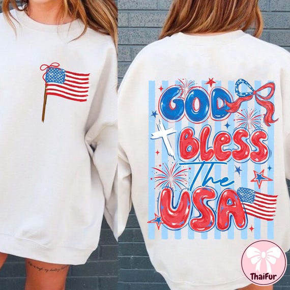 Coquette Striped USA PNG, Patriotic Christian Clipart, God Bless The USA Design, 4th of July Cross Sublimation, Red White Blue Png