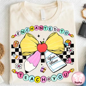 Custom Teacher Name Friendship Bracelet Back To School Png, Enchanted To Teach Png,Teacher Pencil Coquette Bow Png,Preppy Teacher Friendship