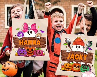 Custom Boy Girl Trick Or Treat Bag Png, Kids Halloween Png, Retro Ghost Halloween Bag Of Treats Png, Cute Kids Halloween Gift Digital Design