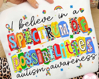 Creo en un espectro de posibilidades PNG, letras de pinceladas de autismo arcoíris, imágenes prediseñadas de corazón, diseño inspirador de concientización sobre el autismo